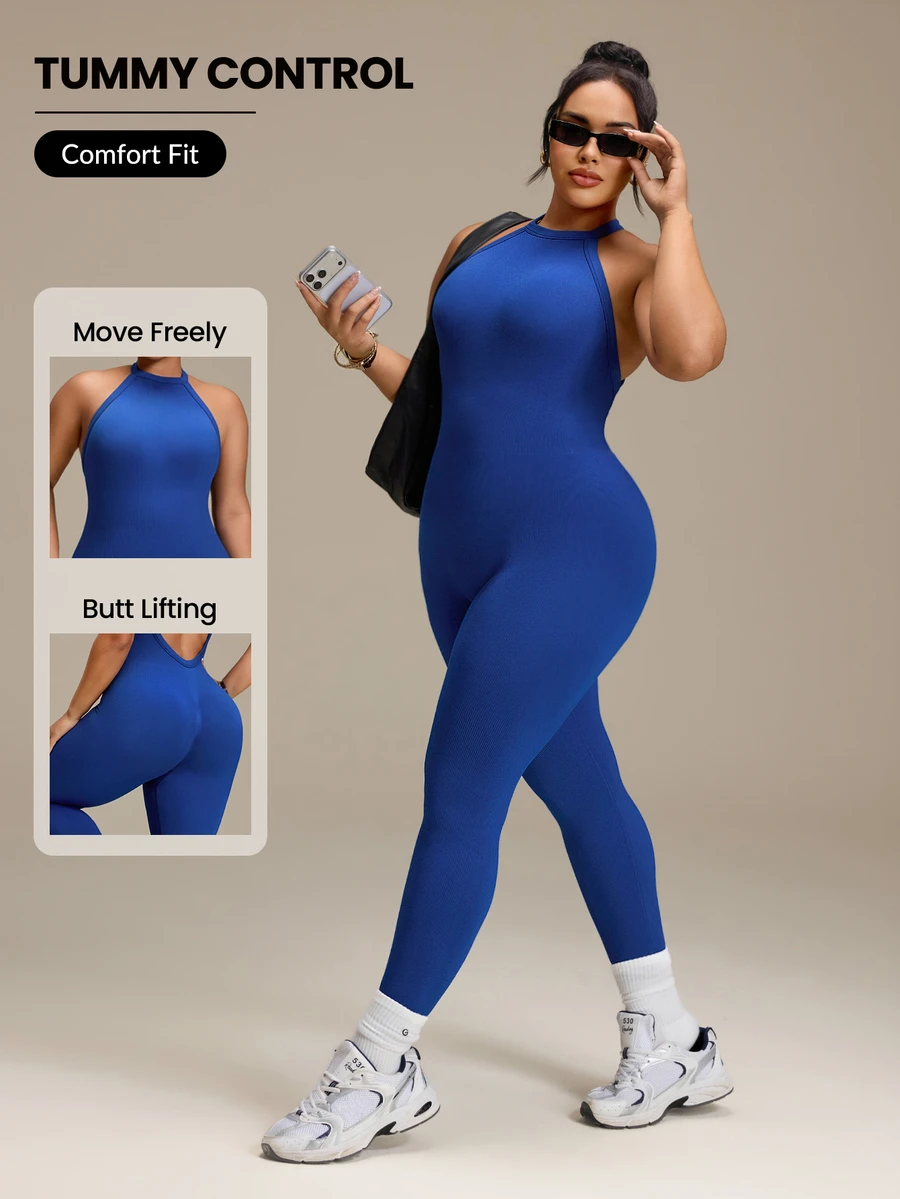 SHEIN Rhythm Era Women's Plus Size Seamless Blue Backless Ribbed Sports Jumpsuit - Navy Blue - View 1