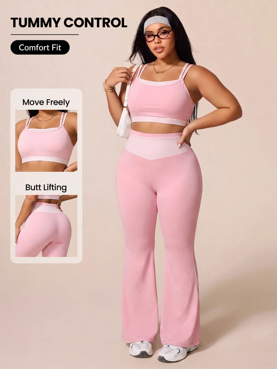 SHEIN Rhythm Era طقم رياضي نسائي مقاس كبير للربيع/الصيف، حمالة صدر رياضية بطبعة منقطة مرقعة مع حشوة قابلة للإزالة، شورت رياضي بخصر متوسط، وردي فاتح للجيم - وردي - مشاهدة 1