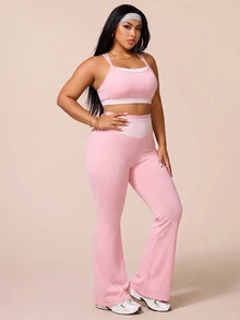 SHEIN Rhythm Era طقم رياضي نسائي مقاس كبير للربيع/الصيف، حمالة صدر رياضية بطبعة منقطة مرقعة مع حشوة قابلة للإزالة، شورت رياضي بخصر متوسط، وردي فاتح للجيم - وردي - مشاهدة 4