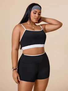SHEIN Rhythm Era 對比白色滾邊細肩帶背心上衣與高腰修身短褲運動套裝 - 酒紅色 - 查看 5