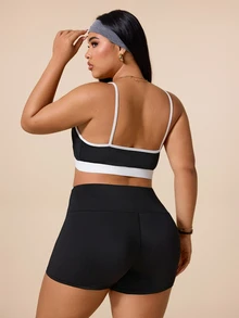 SHEIN Rhythm Era 對比白色滾邊細肩帶背心上衣與高腰修身短褲運動套裝 - 酒紅色 - 查看 2