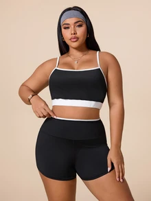 SHEIN Rhythm Era 對比白色滾邊細肩帶背心上衣與高腰修身短褲運動套裝 - 酒紅色 - 查看 3