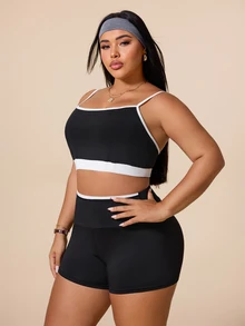 SHEIN Rhythm Era 對比白色滾邊細肩帶背心上衣與高腰修身短褲運動套裝 - 酒紅色 - 查看 4