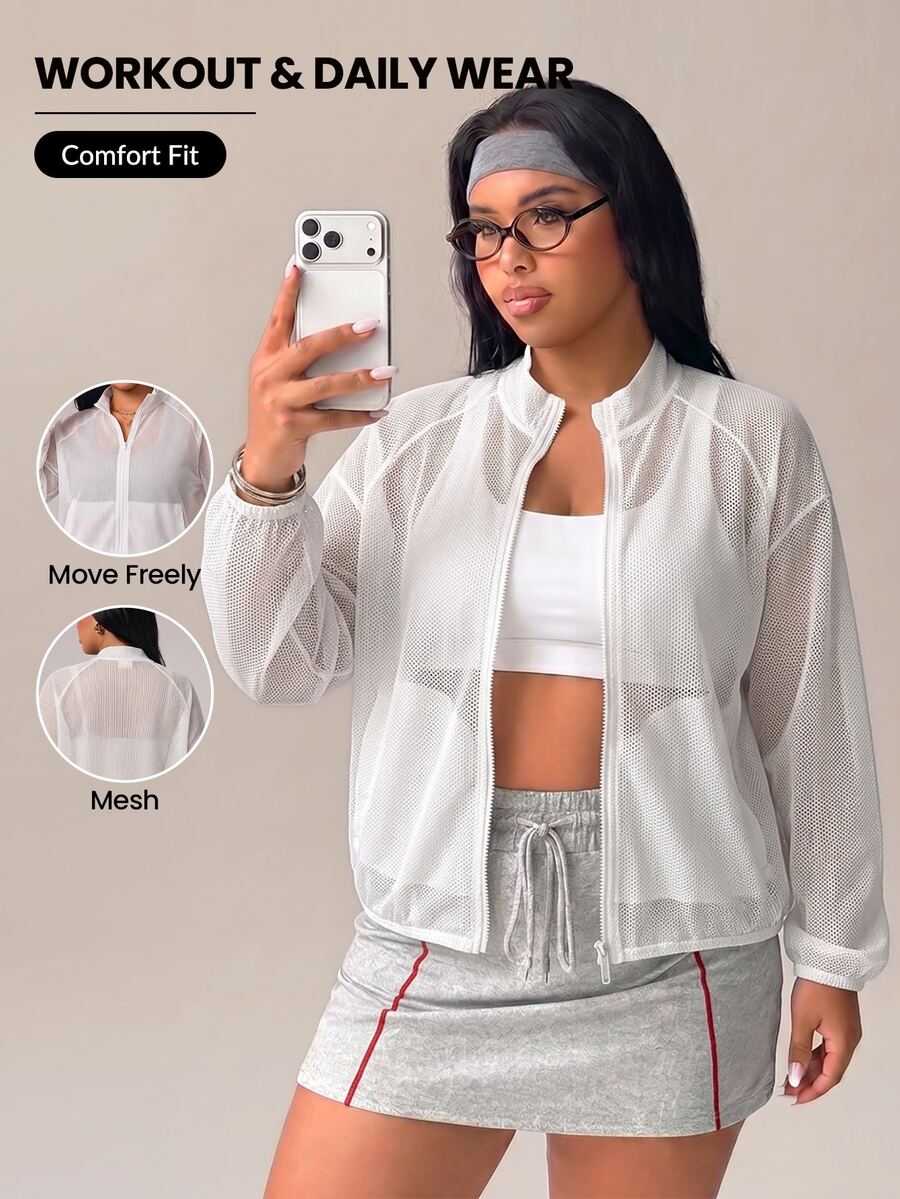 SHEIN Rhythm Era Jaket Olahraga Wanita Ukuran Plus Warna Polos Lengan Panjang Raglan dengan Resleting dan Kantong, Warna Putih Cerah, Alternatif Musim Gugur, Gaya Kawaii. - Putih - View 1