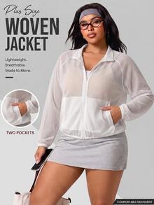 SHEIN Rhythm Era Jaket Olahraga Wanita Ukuran Plus Warna Polos Lengan Panjang Raglan dengan Resleting dan Kantong, Warna Putih Cerah, Alternatif Musim Gugur, Gaya Kawaii. - Putih - View 6