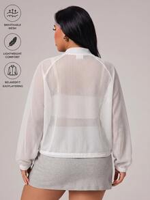 SHEIN Rhythm Era Jaket Olahraga Wanita Ukuran Plus Warna Polos Lengan Panjang Raglan dengan Resleting dan Kantong, Warna Putih Cerah, Alternatif Musim Gugur, Gaya Kawaii. - Putih - View 2