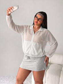 SHEIN Rhythm Era Jaket Olahraga Wanita Ukuran Plus Warna Polos Lengan Panjang Raglan dengan Resleting dan Kantong, Warna Putih Cerah, Alternatif Musim Gugur, Gaya Kawaii. - Putih - View 3