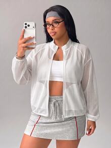 SHEIN Rhythm Era Jaket Olahraga Wanita Ukuran Plus Warna Polos Lengan Panjang Raglan dengan Resleting dan Kantong, Warna Putih Cerah, Alternatif Musim Gugur, Gaya Kawaii. - Putih - View 5