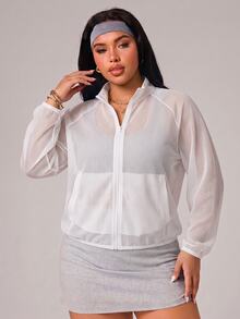 SHEIN Rhythm Era Jaket Olahraga Wanita Ukuran Plus Warna Polos Lengan Panjang Raglan dengan Resleting dan Kantong, Warna Putih Cerah, Alternatif Musim Gugur, Gaya Kawaii. - Putih - View 4