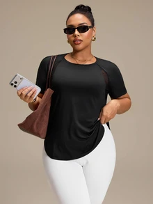 Rhythm Era Women's Plus Size Sports Yoga Outdoor Gym Short Sleeve T-Shirt, Raglan Sleeves, Geometric Mesh Patchwork On Shoulders And Back, Curved Hem - Black - View 5