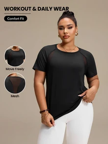 Rhythm Era Women's Plus Size Sports Yoga Outdoor Gym Short Sleeve T-Shirt, Raglan Sleeves, Geometric Mesh Patchwork On Shoulders And Back, Curved Hem - Black - View 1