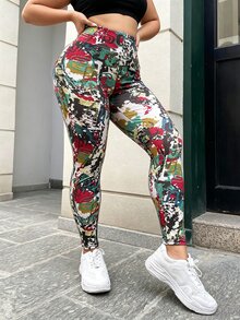 SHEIN Unity Legging Olahraga Kebugaran Harian Wanita Ukuran Plus Pinggang Tinggi Motif Cetak Seluruh Permukaan - MultiWarna - View 6