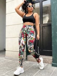 SHEIN Unity Legging Olahraga Kebugaran Harian Wanita Ukuran Plus Pinggang Tinggi Motif Cetak Seluruh Permukaan - MultiWarna - View 7
