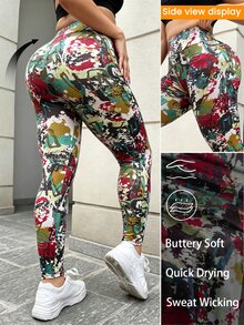 SHEIN Unity Legging Olahraga Kebugaran Harian Wanita Ukuran Plus Pinggang Tinggi Motif Cetak Seluruh Permukaan - MultiWarna - View 2