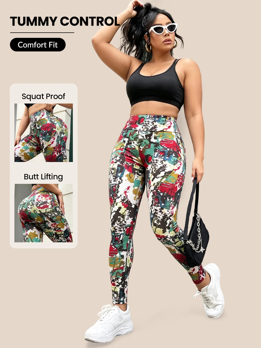 SHEIN Unity Legging Olahraga Kebugaran Harian Wanita Ukuran Plus Pinggang Tinggi Motif Cetak Seluruh Permukaan - MultiWarna - View 1