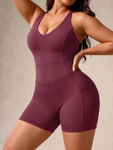 SHEIN Unity Plus Size Women's Sports Jumpsuit, Summer/Spring Cycling Fitness Yoga Shaping Sweat-Absorbing Bra - - Purple - View 8