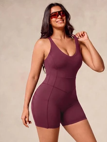 SHEIN Unity Plus Size Women's Sports Jumpsuit, Summer/Spring Cycling Fitness Yoga Shaping Sweat-Absorbing Bra - - Purple - View 4