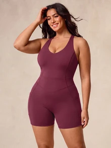 SHEIN Unity Plus Size Women's Sports Jumpsuit, Summer/Spring Cycling Fitness Yoga Shaping Sweat-Absorbing Bra - - Purple - View 2
