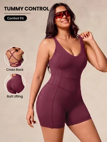 SHEIN Unity Plus Size Women's Sports Jumpsuit, Summer/Spring Cycling Fitness Yoga Shaping Sweat-Absorbing Bra - - Purple - View 1
