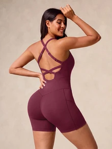 SHEIN Unity Plus Size Women's Sports Jumpsuit, Summer/Spring Cycling Fitness Yoga Shaping Sweat-Absorbing Bra - - Purple - View 3
