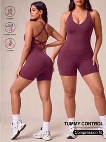 SHEIN Unity Plus Size Women's Sports Jumpsuit, Summer/Spring Cycling Fitness Yoga Shaping Sweat-Absorbing Bra - - Purple - View 9