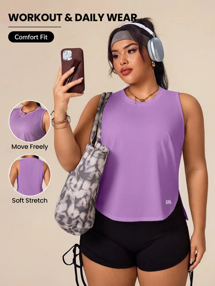 SHEIN Rhythm Era Plus Size Casual Versatile Purple Sleeveless Slim Fit Flattering Sports Tank Top Gym Sports Summer - Purple - View 1