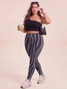 SHEIN Rhythm Era Women's Plus Size Colorblock High Waist Sports Leggings - Black - View 7