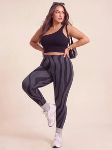 SHEIN Rhythm Era Women's Plus Size Colorblock High Waist Sports Leggings - Black - View 2
