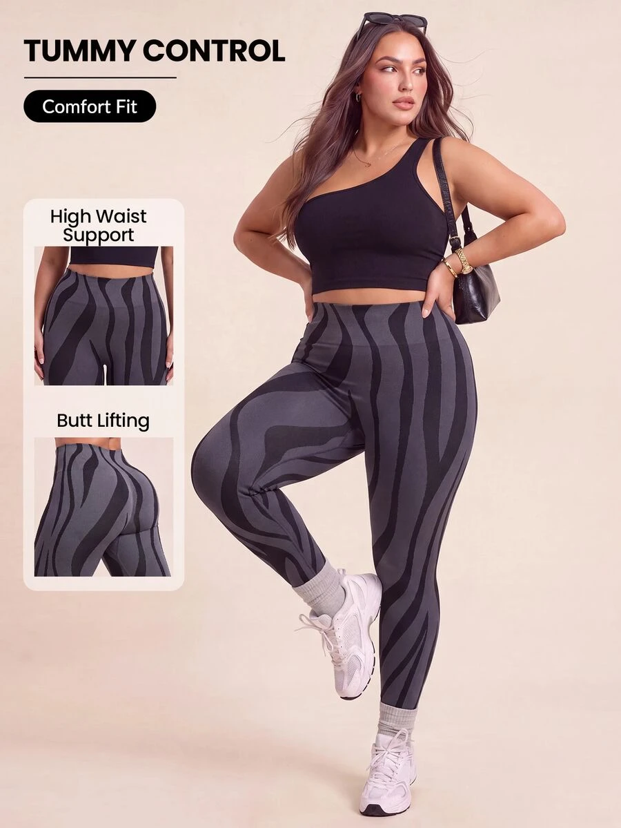 SHEIN Rhythm Era Women's Plus Size Colorblock High Waist Sports Leggings - Black - View 1
