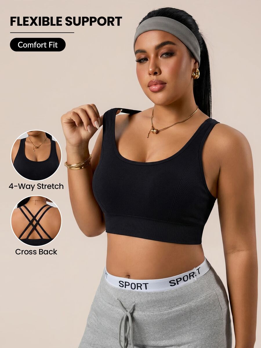 SHEIN Unity Plus Size Women's Seamless Criss-Cross Strap Sexy Alternative Sports Bra Gym Black Summer - Black - View 1
