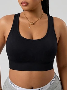 SHEIN Unity Plus Size Women's Seamless Criss-Cross Strap Sexy Alternative Sports Bra Gym Black Summer - Black - View 4