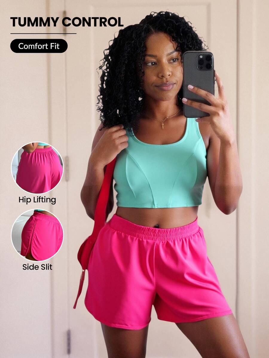 SHEIN Unity Plus Size Women's Solid Color Double Layer 2 In 1 Sports Shorts Gym Hot Pink Summer Gym Active Sports Gym - Cherry Red - View 1