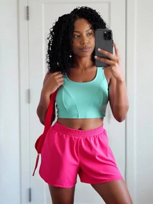 SHEIN Unity Plus Size Women's Solid Color Double Layer 2 In 1 Sports Shorts Gym Hot Pink Summer Gym Active Sports Gym - Cherry Red - View 3