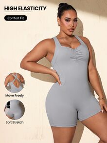 SHEIN Rhythm Era Plus Size Sports Jumpsuit With Ruched Bust, Built-In Padding, Tight Fit, Butt-Lifting Jumpsuit - Grey - View 1