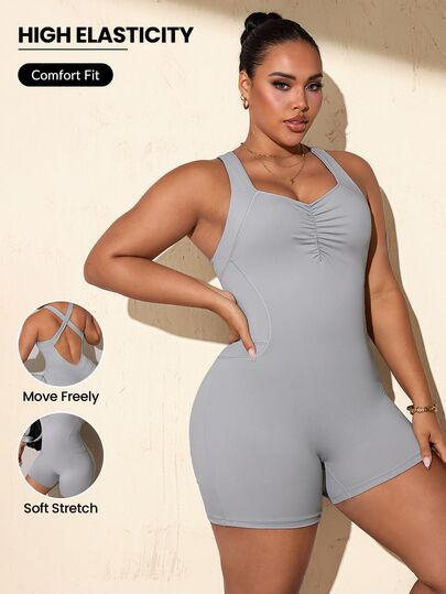 SHEIN Rhythm Era Plus Size Sports Jumpsuit With Ruched Bust, Built-In Padding, Tight Fit, Butt-Lifting Jumpsuit