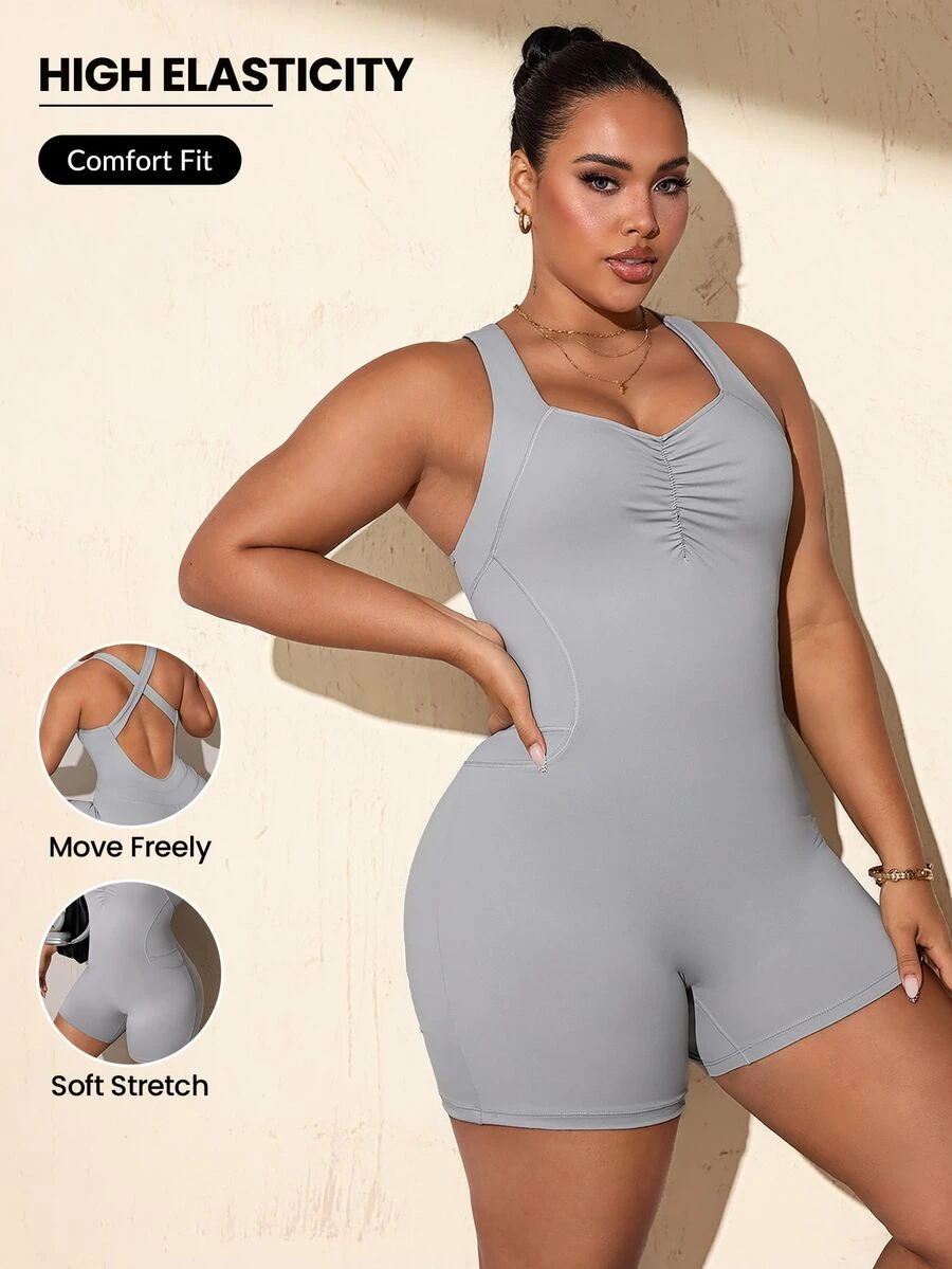 SHEIN Rhythm Era Plus Size Sports Jumpsuit With Ruched Bust, Built-In Padding, Tight Fit, Butt-Lifting Jumpsuit - Grey - View 1