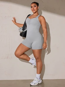 SHEIN Rhythm Era Plus Size Sports Jumpsuit With Ruched Bust, Built-In Padding, Tight Fit, Butt-Lifting Jumpsuit - Grey - View 2