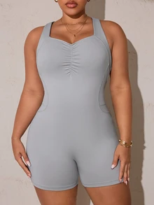 SHEIN Rhythm Era Plus Size Sports Jumpsuit With Ruched Bust, Built-In Padding, Tight Fit, Butt-Lifting Jumpsuit - Grey - View 6