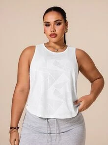 SHEIN Rhythm Era Women's Plus Size Geometric Print Casual Fitness Sports Tank Top Gym White Summer - White - View 3
