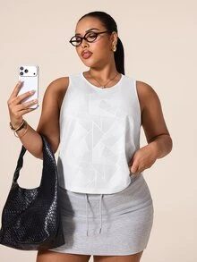 SHEIN Rhythm Era Women's Plus Size Geometric Print Casual Fitness Sports Tank Top Gym White Summer - White - View 8