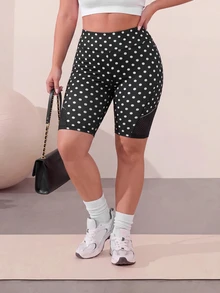 SHEIN Unity Plus Size Sports Shorts Fashion Alternative Cow Girl Kawaii Renaissance Polka Dot Print Patchwork Mesh Side Reflective Strip Base Shorts - Black - View 5