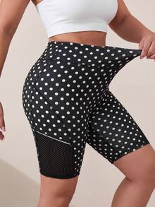 SHEIN Unity Plus Size Sports Shorts Fashion Alternative Cow Girl Kawaii Renaissance Polka Dot Print Patchwork Mesh Side Reflective Strip Base Shorts - Black - View 6