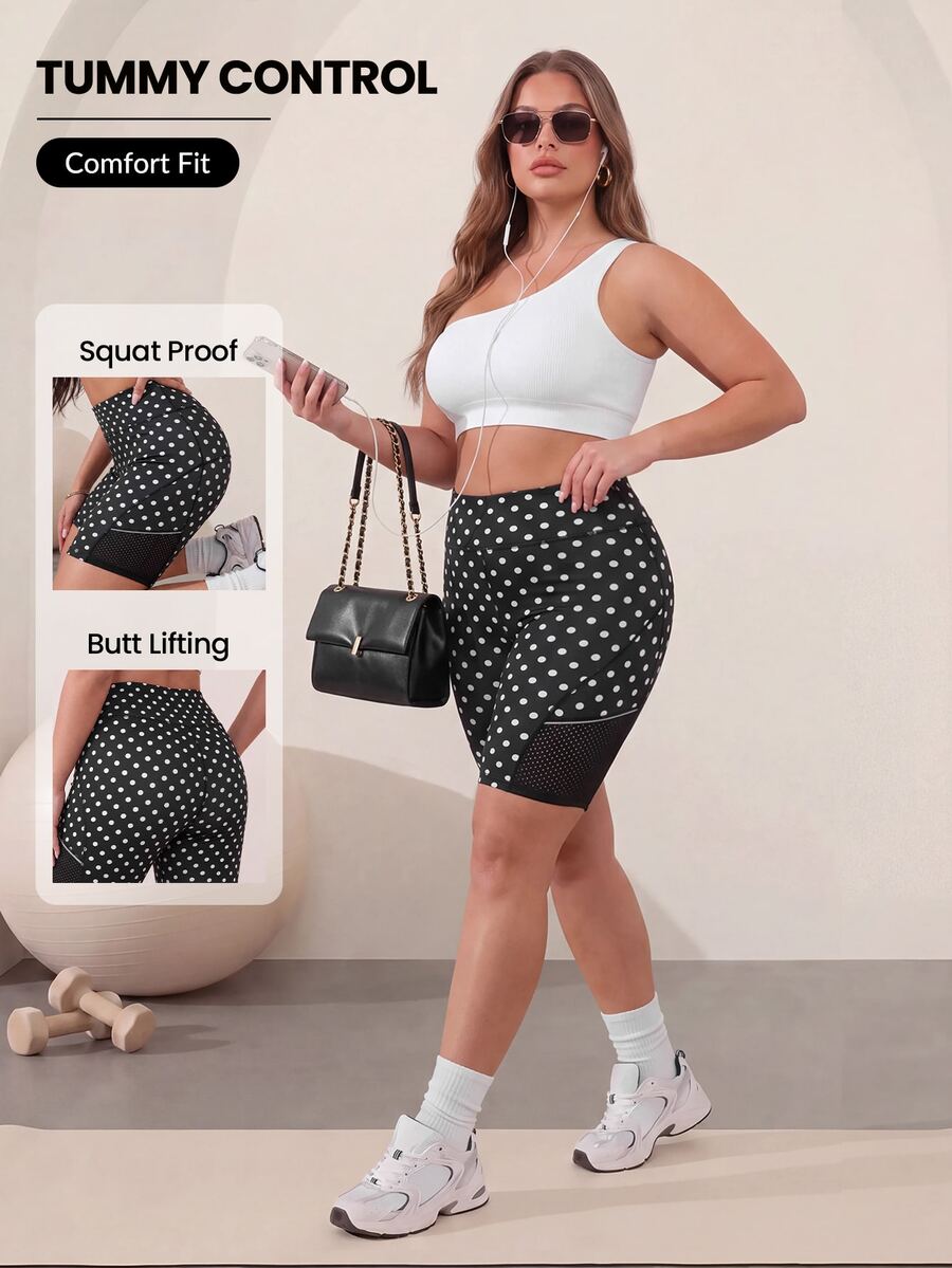 SHEIN Unity Plus Size Sports Shorts Fashion Alternative Cow Girl Kawaii Renaissance Polka Dot Print Patchwork Mesh Side Reflective Strip Base Shorts - Black - View 1