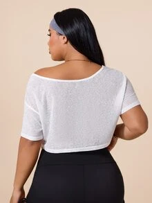 Rhythm Era Kaos Olahraga Wanita Ukuran Besar Warna Polos Lengan Pendek Model Crop - Putih - View 2