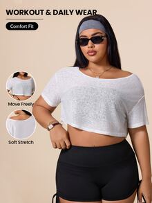 Rhythm Era Kaos Olahraga Wanita Ukuran Besar Warna Polos Lengan Pendek Model Crop - Putih - View 1