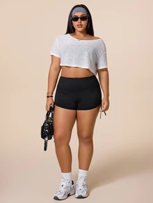 Rhythm Era Kaos Olahraga Wanita Ukuran Besar Warna Polos Lengan Pendek Model Crop - Putih - View 5