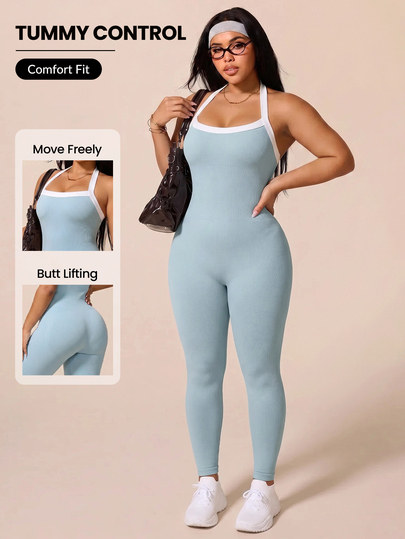 SHEIN Rhythm Era Women's Plus Size Colorblock Casual Cow Girl Daily Wear Halter Neck Sports Jumpsuit Pilates Gym Blue And White Summer