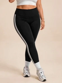 SHEIN Rhythm Era Women's Plus Size Thermal Lined Thick Leggings, Autumn/Winter Gym Black And White - Black - View 6