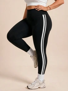 SHEIN Rhythm Era Women's Plus Size Thermal Lined Thick Leggings, Autumn/Winter Gym Black And White - Black - View 5