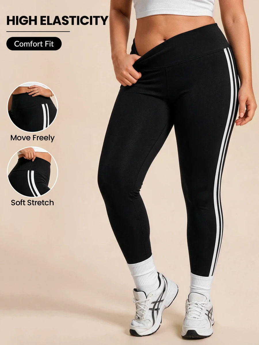 SHEIN Rhythm Era Women's Plus Size Thermal Lined Thick Leggings, Autumn/Winter Gym Black And White - Black - View 1